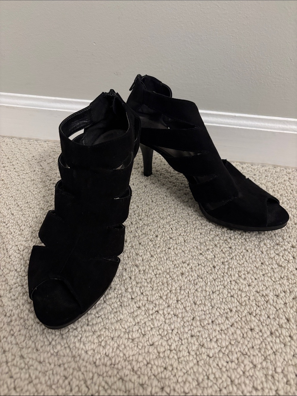 Kelly & Katie Black Suede Cutout Peep-Toe Heels